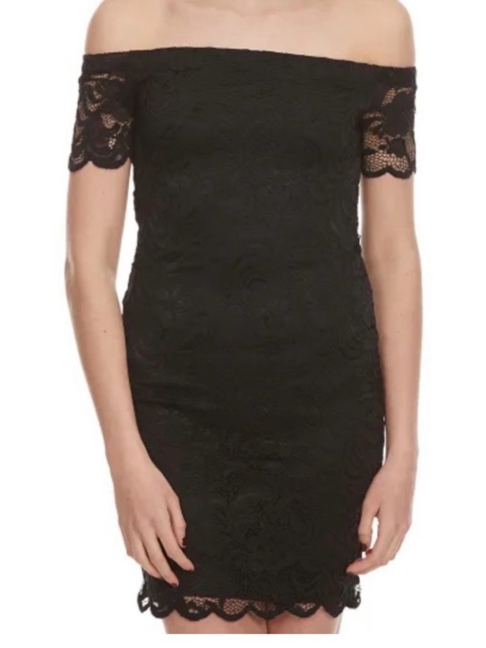 Ambiance black off-the-shoulder mini dress featuring a floral lace overlay Lg